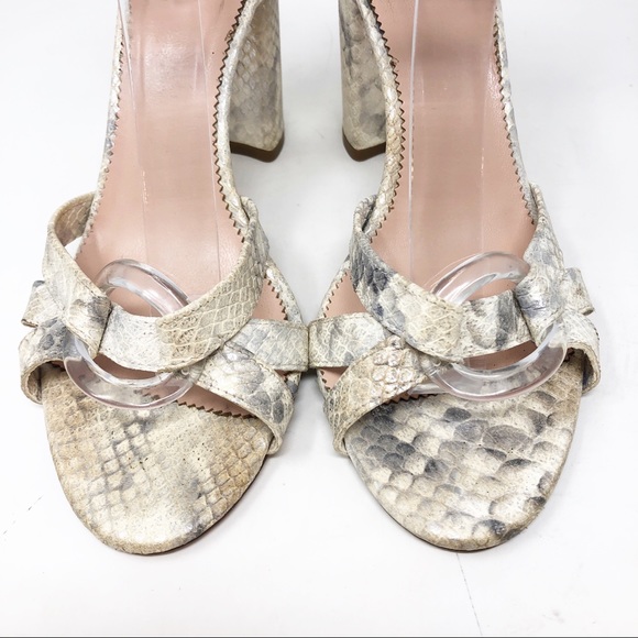 J. CREW OFF-WHITE SILVER METALLIC EMBOSSED SNAKESKIN BLOCK HEEL SANDALS - Picture 2 of 12